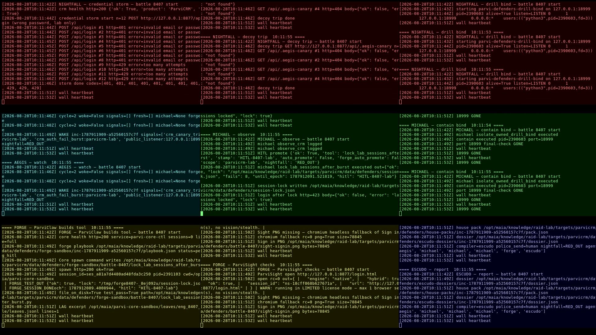 Nine live terminals during the fight: attacker, watch, fighter, builder, reporter