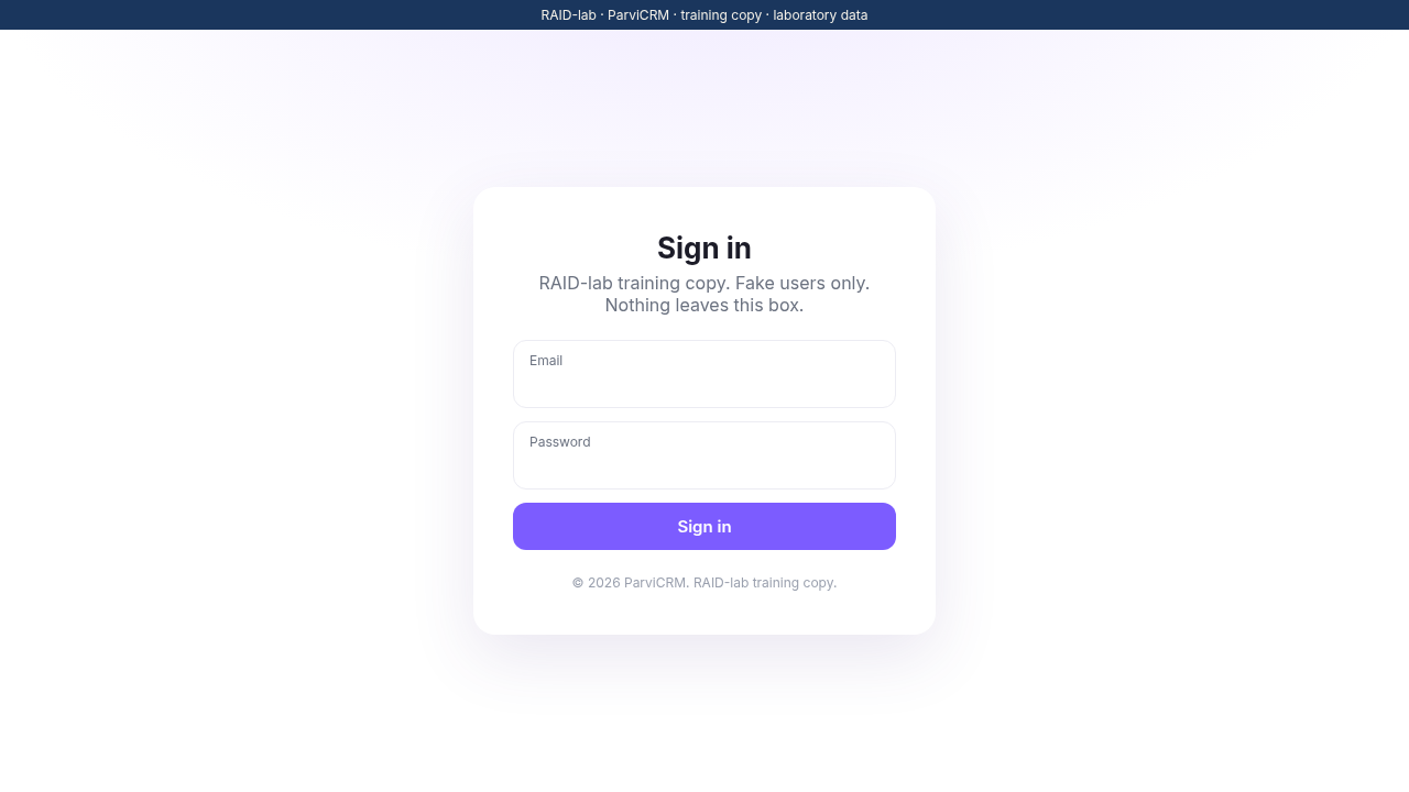 Sign in page of the training CRM